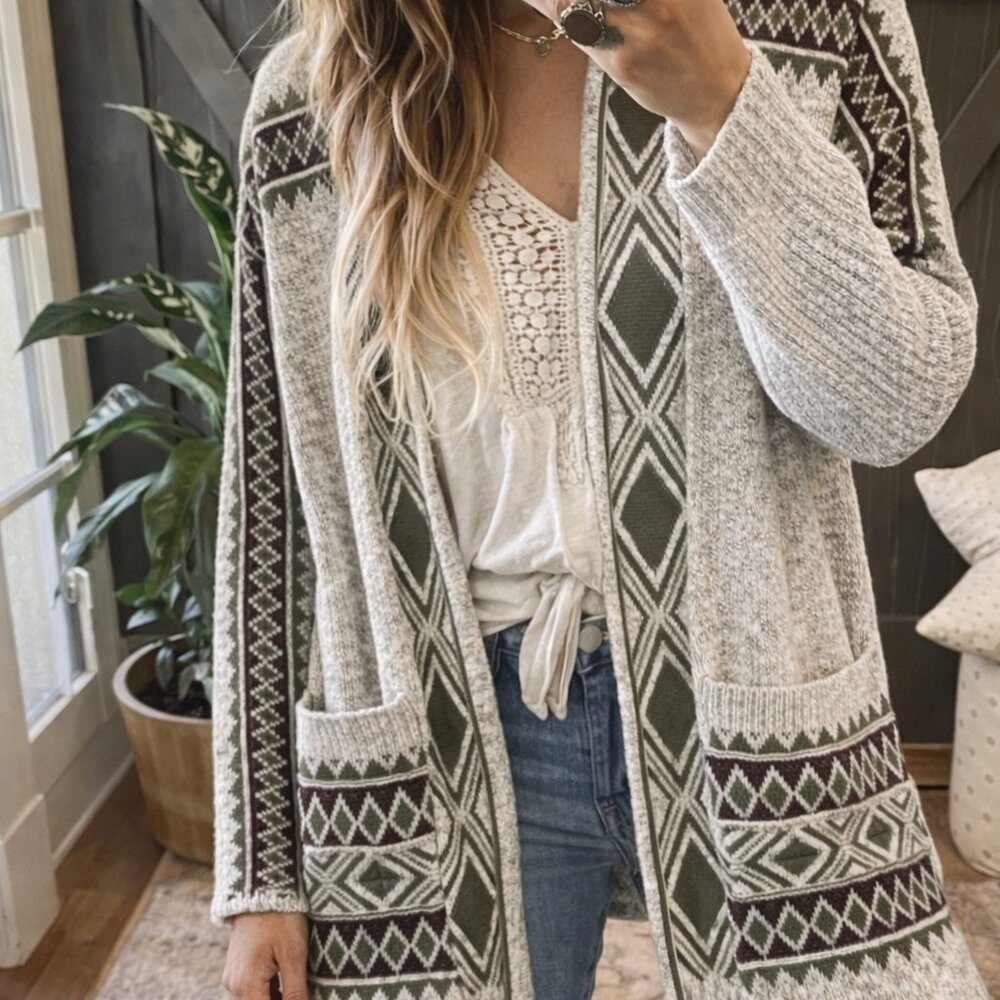 Lucky Brand Knit Cardigan Aztec Pattern Open Front 2-Pocket Sweater Multicolor M
